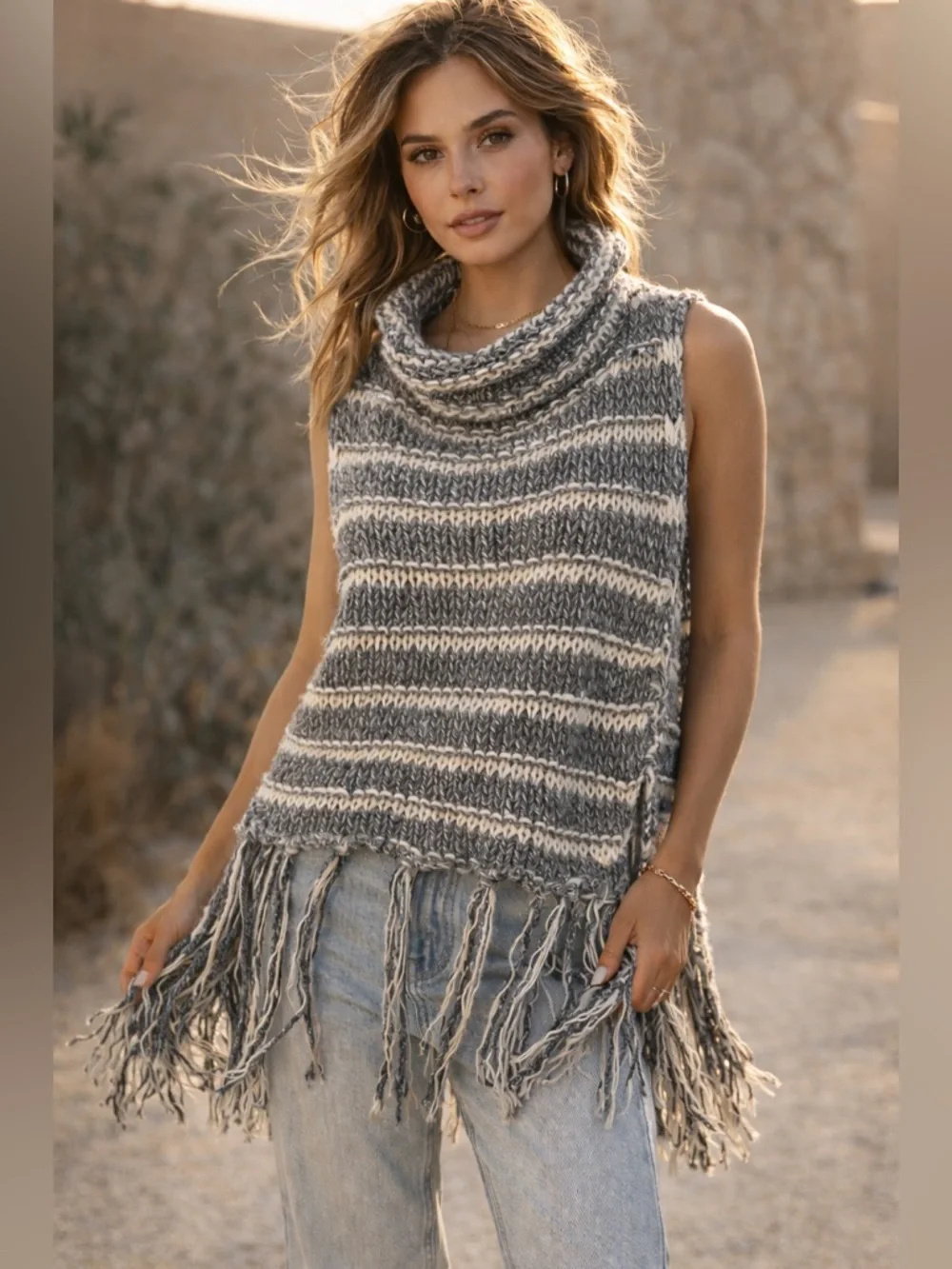 Free People Fringe Knit Sweater Vest S/P Boho Chunky Cowl Neck Tassel Hem A10